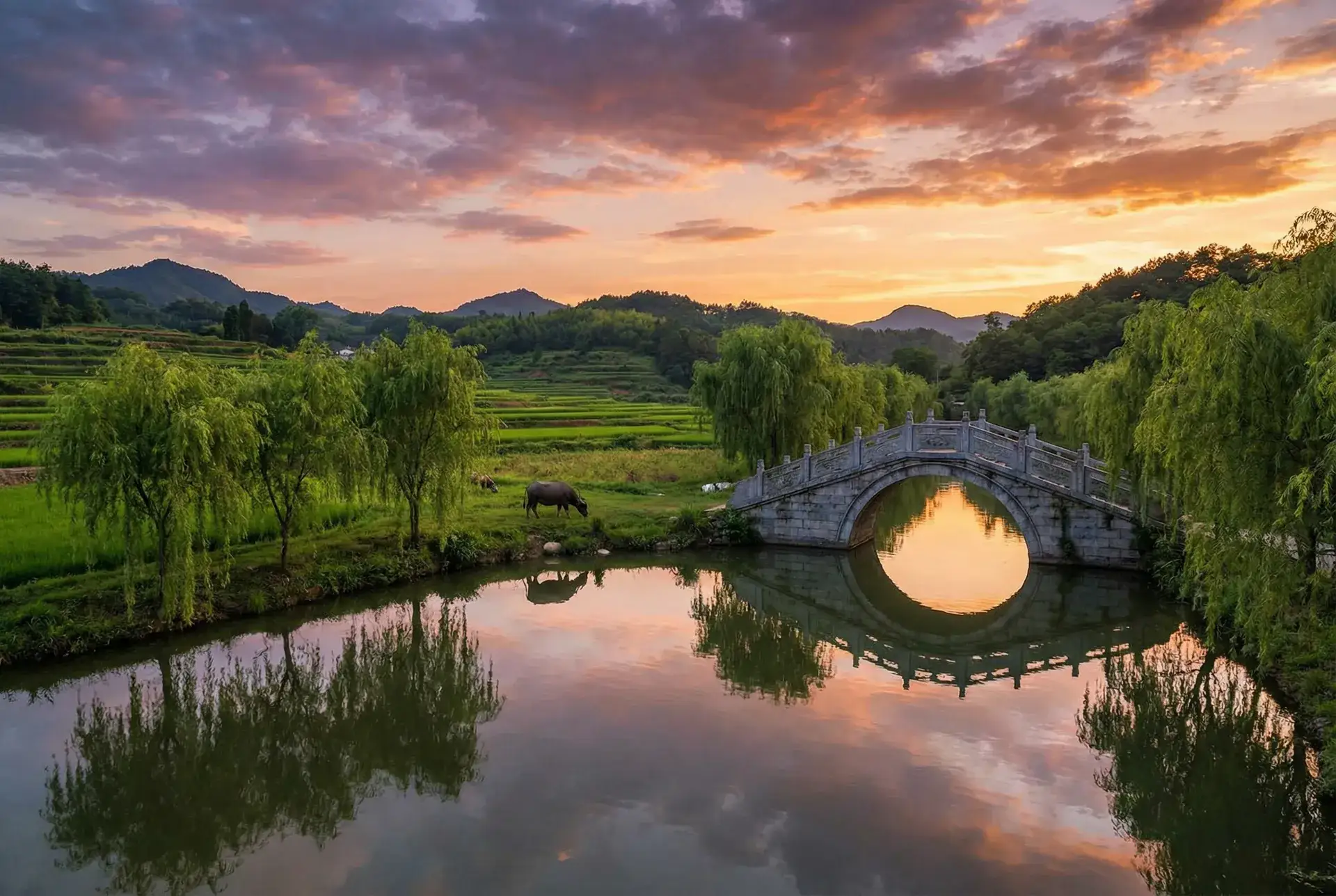 夕阳下的石拱桥与垂柳，水牛在河边吃草 - 陈宝莲版武则天 乡村美景